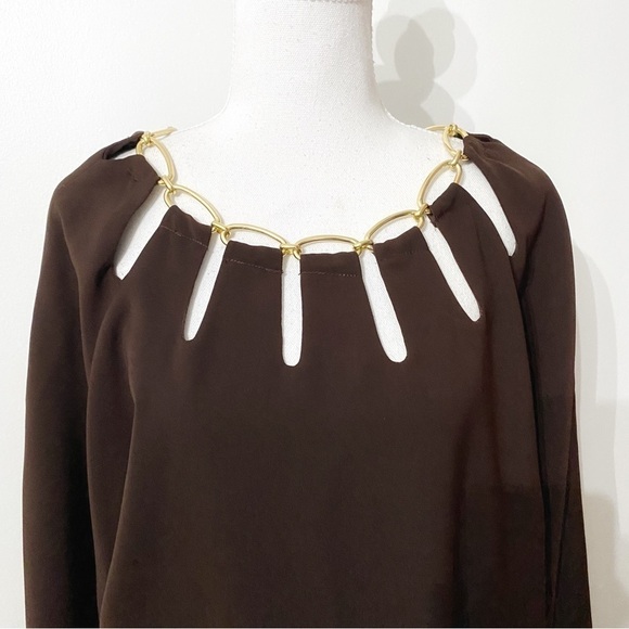 LANVIN PARIS BROWN GOLD METALLIC NECKLINE SHIFT DRESS - 40 (L) - Picture 4 of 11